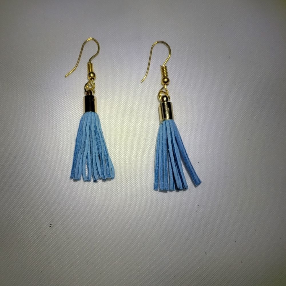 Blue leather tassel earrings